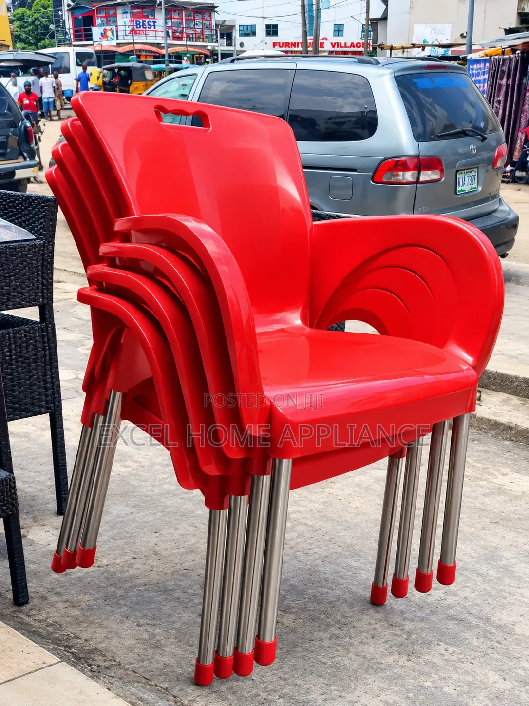 Red Plastic Armchairs With Stainless Steel Legs