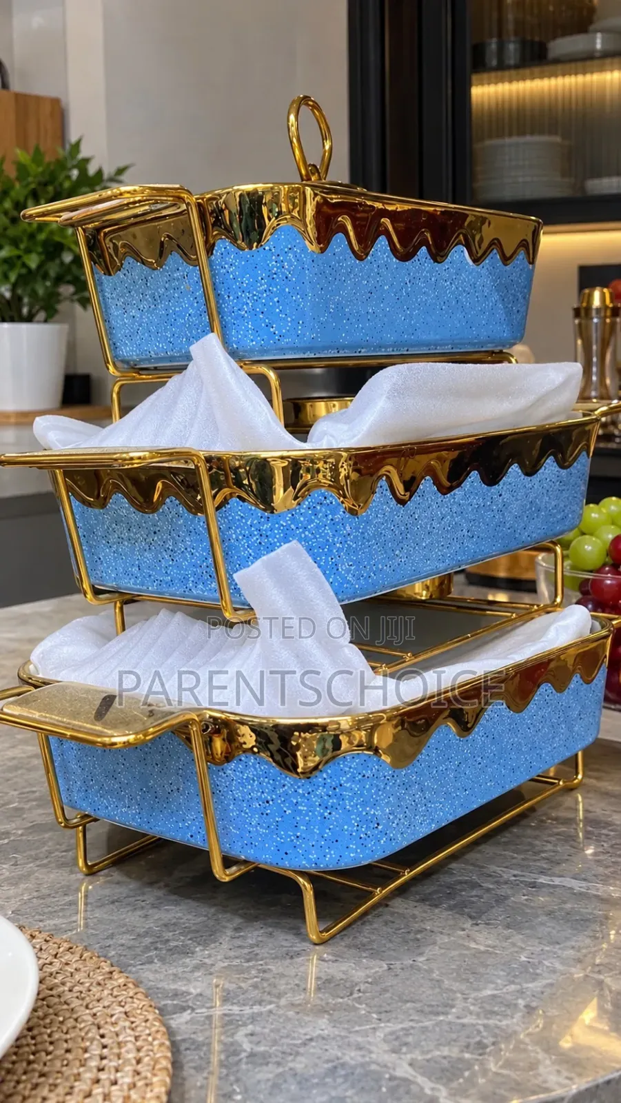 Luxury 3-Piece Ceramic Food Warmer and Casserole Serving Dish - Blue