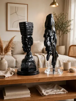 Handmade Black Wooden African Sculptures, Set of 2