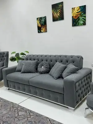 Luxury Charcoal Grey Tufted Velvet Sofa With Silver Trim