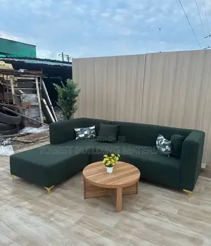 Modern Dark Green L-Shaped Sectional Sofa + Wooden Coffee Table