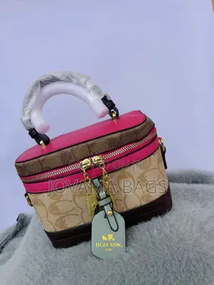 Women’s Brown Mini Handbag With Pink Accents and Long Strap