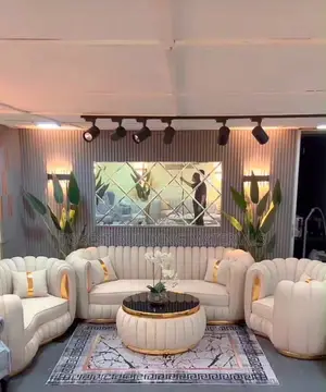 Luxury Cream & Gold Fluted Velvet Living Room Set (Full Set + Table)