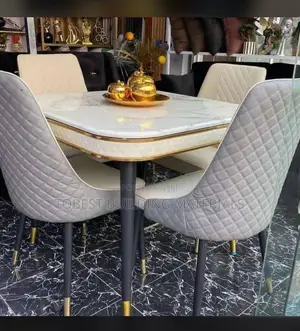 Luxury White Marble-Top Dining Table Set With Quilted Chairs