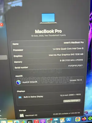 Laptop Apple MacBook Pro 2020 8GB Intel Core i5 SSD 256GB