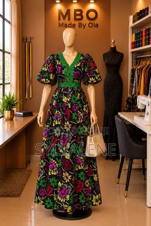 Elegant Ankara Maxi Gown With Green Lace