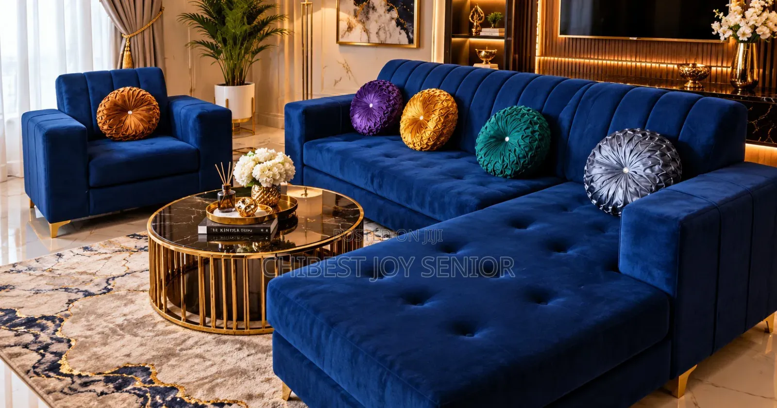 Navy-Blue Velvet Sofa Set