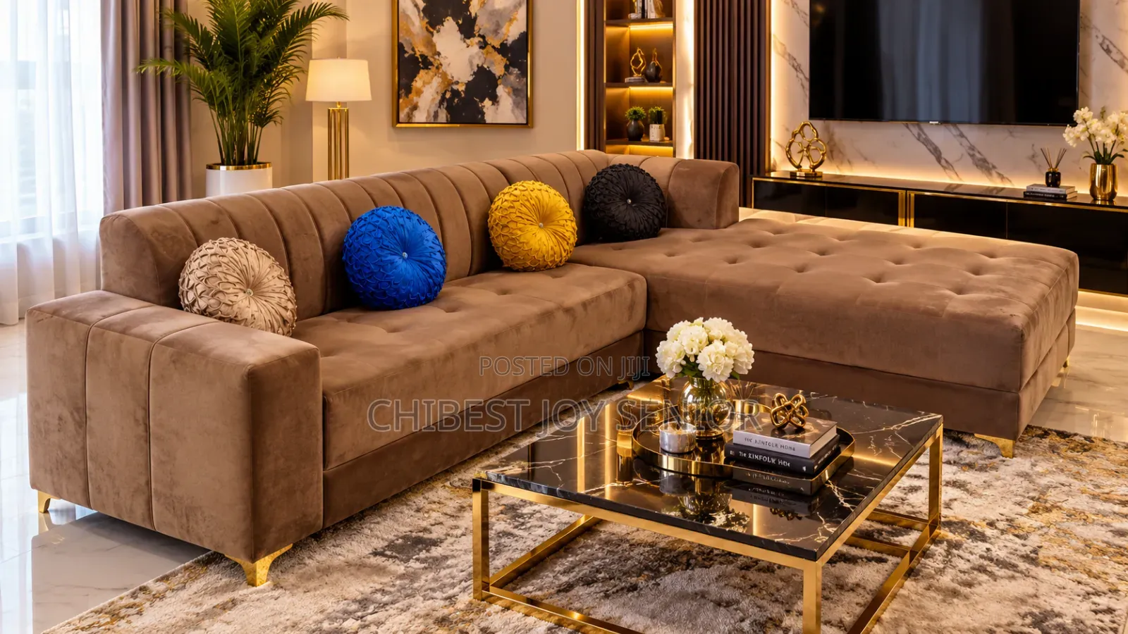Brown Velvet L-Shaped Sofa