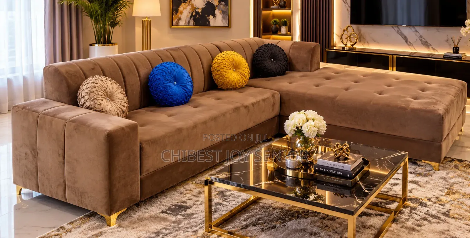 Brown Velvet L-Shaped Sofa