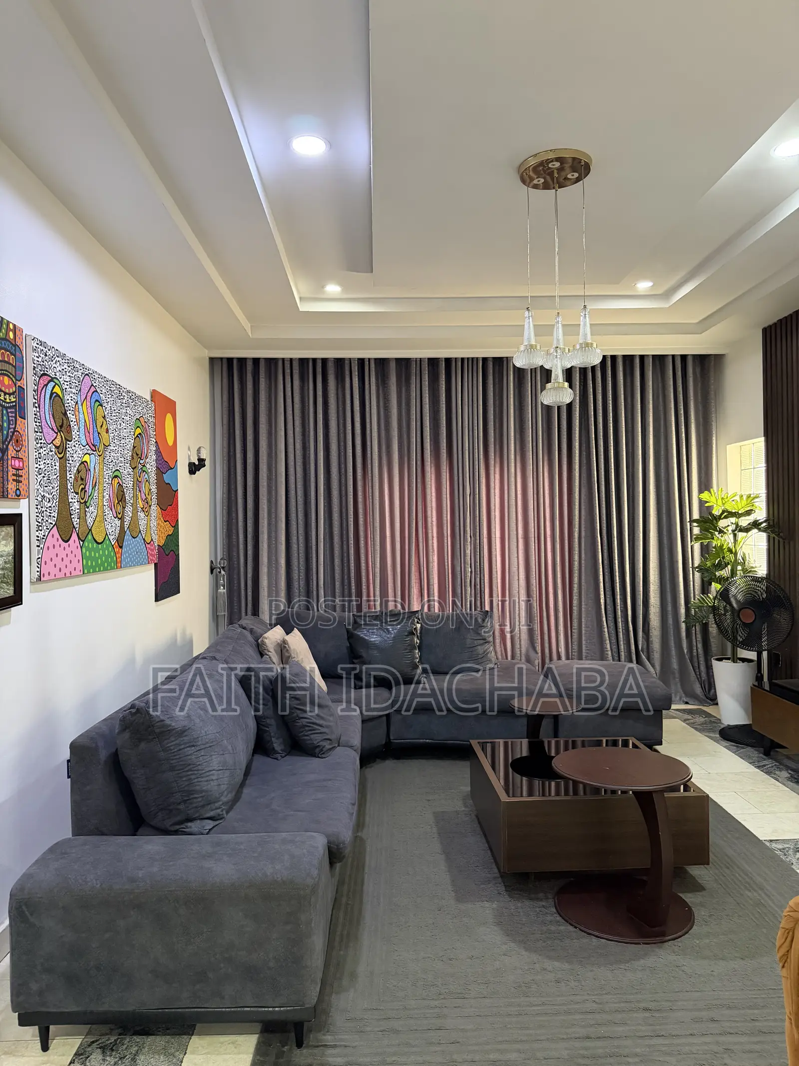 L Shape Sofa, Curtains, X-Large Rug and Centre Table