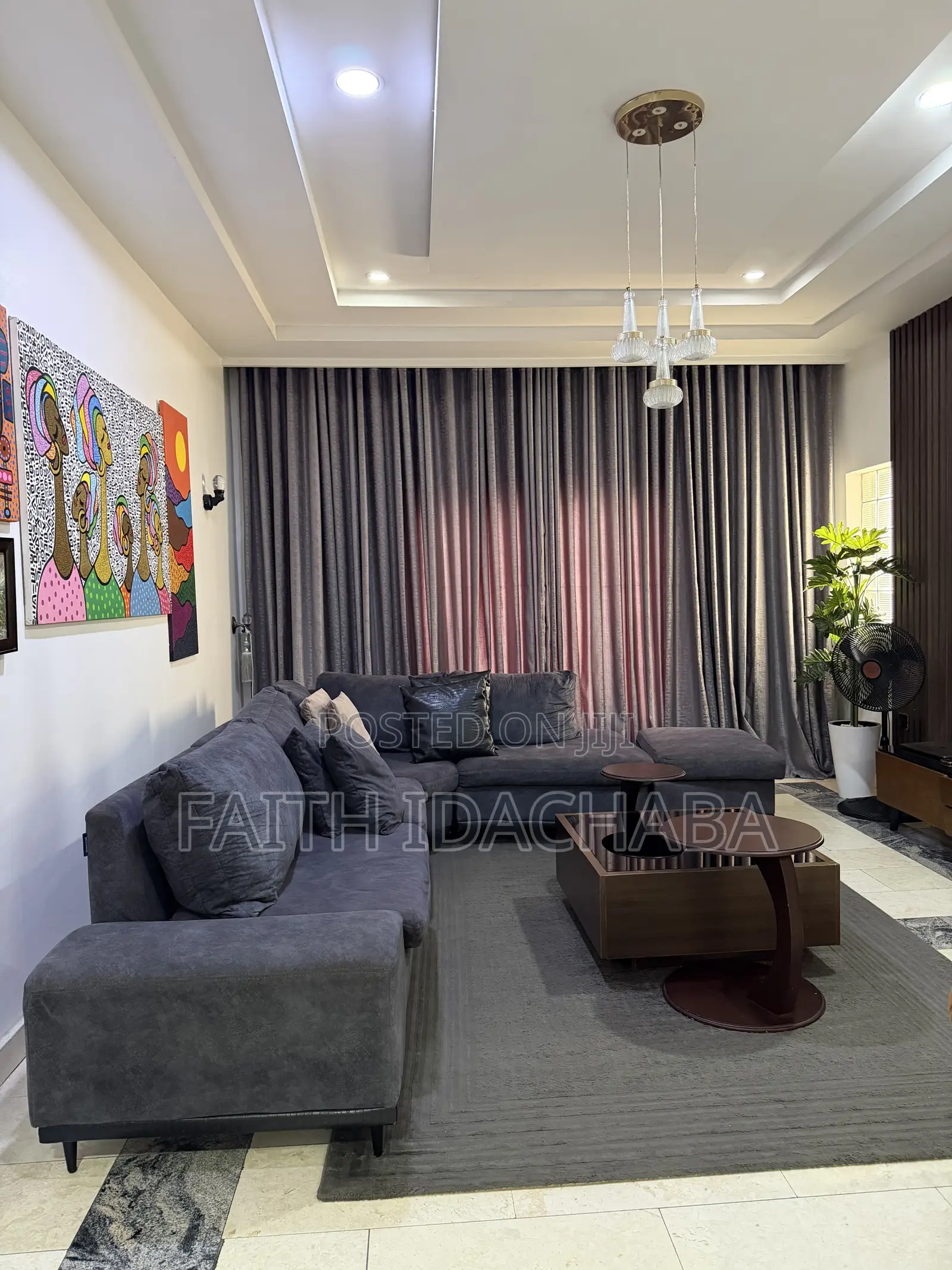 L Shape Sofa, Curtains, X-Large Rug and Centre Table