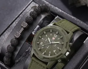 2in1 Army Green Military Watch + Lava Bracelet Set for Men - Gift Box