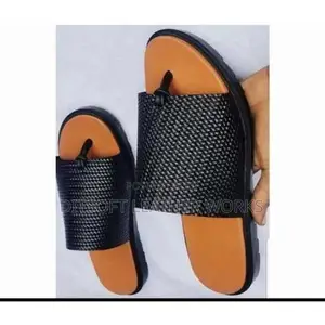Men's Black Woven Leather Pam Slippers With Tan Insole