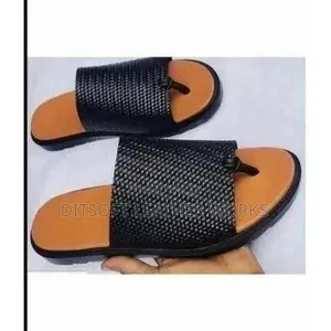 Men's Black Woven Leather Pam Slippers With Tan Insole