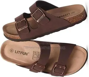 Unisex Brown Cork-Bed Pam Slippers With Double Buckle