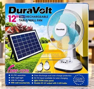 Duravolt 12 Inches Rechargeable Table Fan With Solar Panel/2 Bulbs