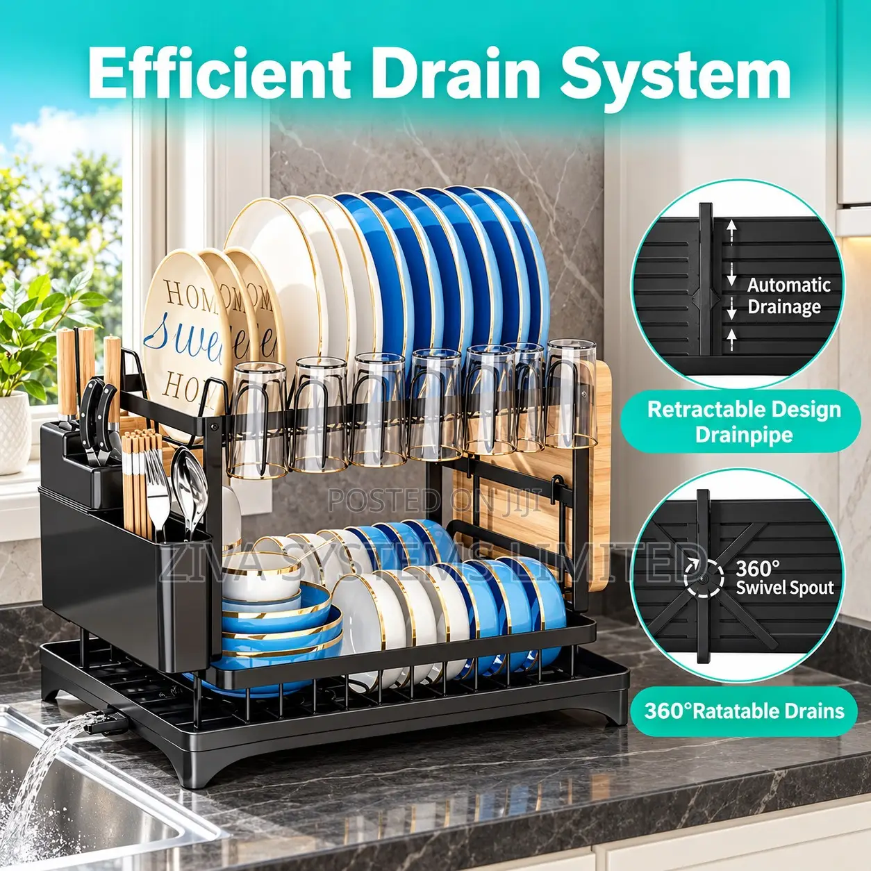 2-Tier Dish Drying Rack With Drainage & Cutlery Holder