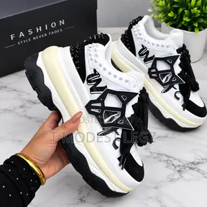Luxury White & Black Chunky Sneakers With Bold Studded Design