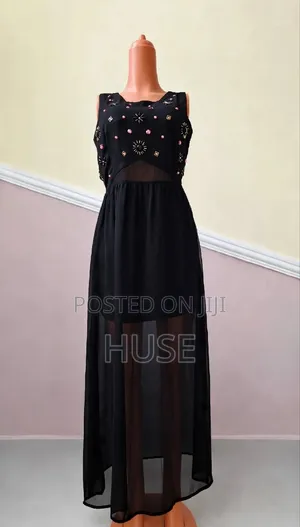 Beaded Chiffon Evening Dress - Black