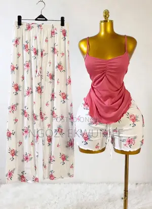 3 in 1 Pink Floral Nightwear Set - Cami Top, Shorts & Palazzo Trouser