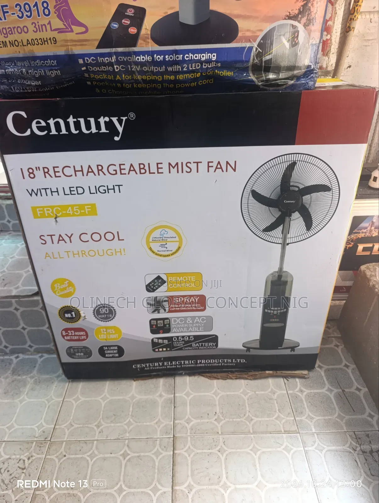 Century 18" Rechargeable Mist Fan With LED Light