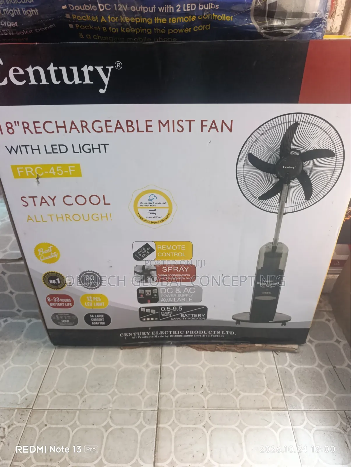Century 18" Rechargeable Mist Fan With LED Light