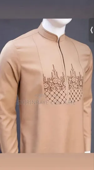 Classic Beige Kaftan Native Wear With Lace Embroidery for Men
