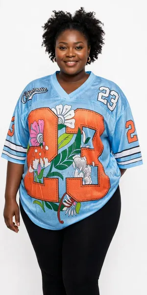 Unisex v-Neck Jersey - Floral Print - White & Blue - S to 3XL
