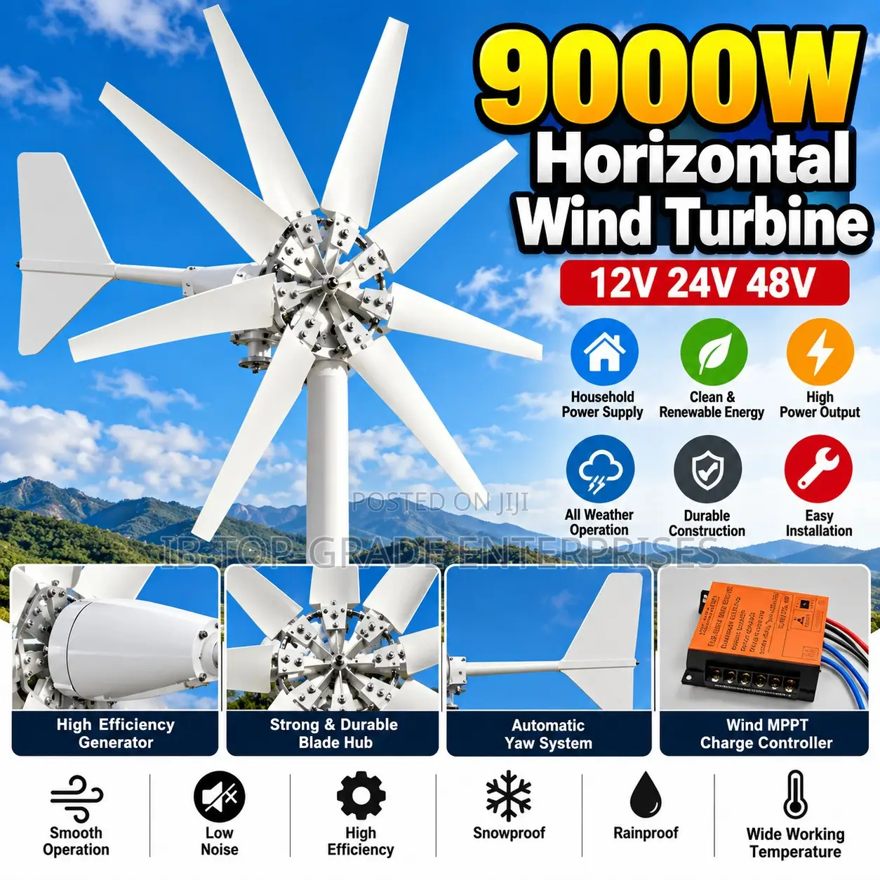 9000W 48V Horizontal Wind Turbine Clean Energy Solution for Homes