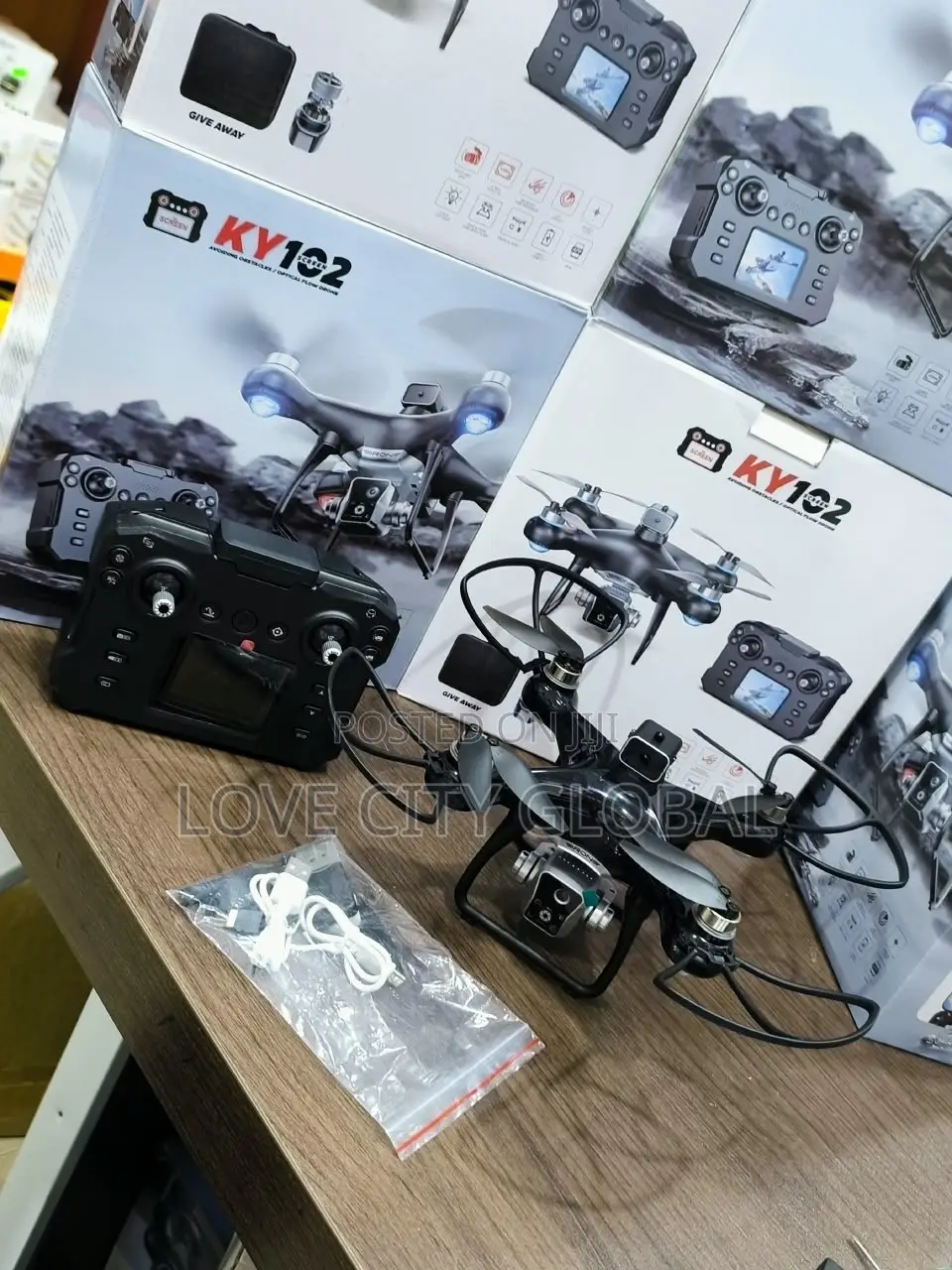 KY102 Foldable Dual Camera Drone Screen Remote Controller & 2 Battery