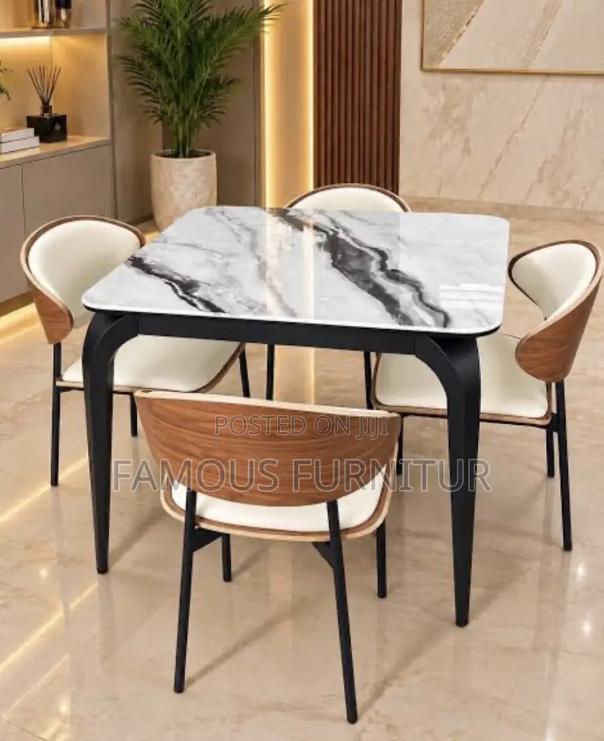 4-Seater Luxury Marble-Top Dining Set With Curved