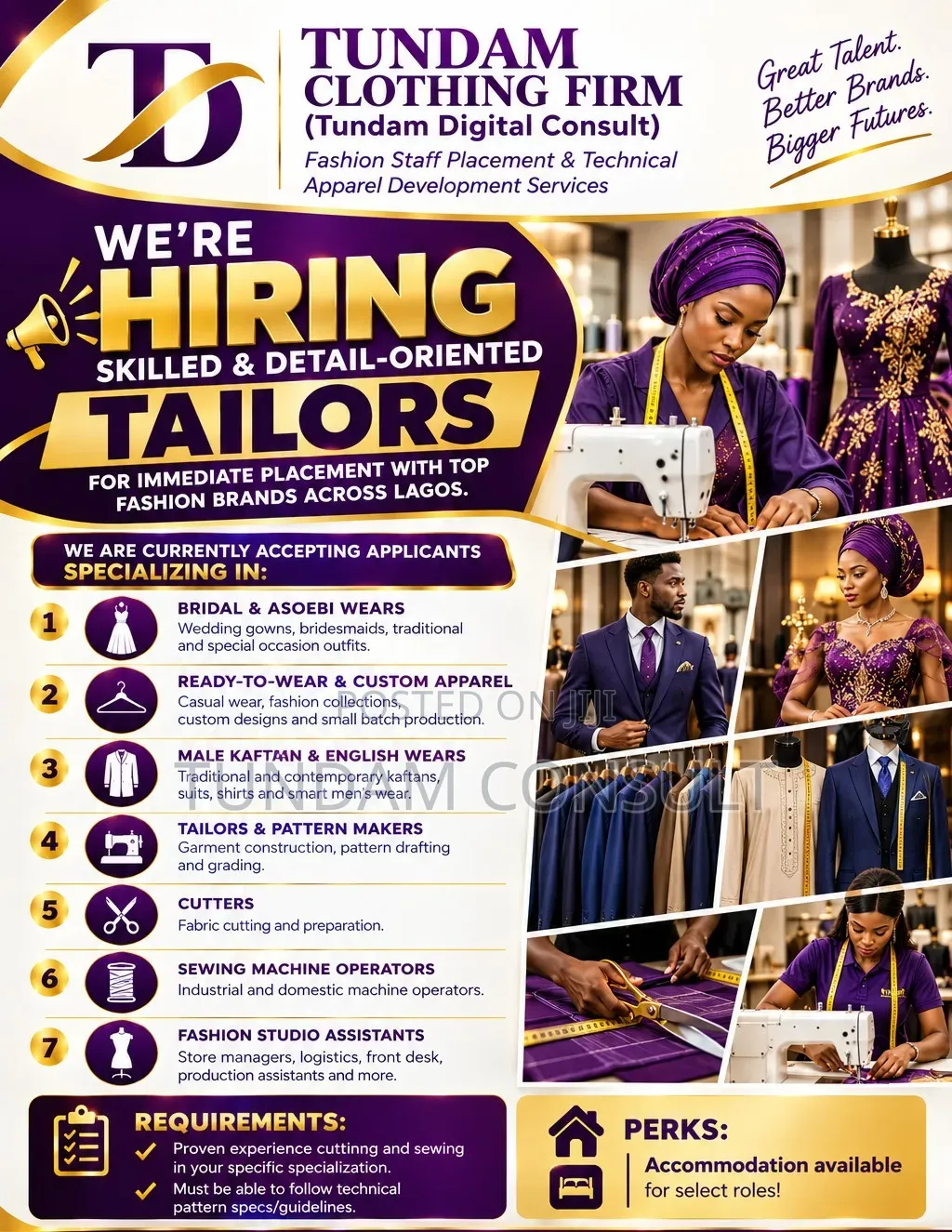 Tailors & Fashion Staffs Needed