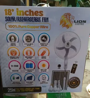 18" Lion Solar Powered Rechargeable Fan With Panel, Bulbs and Remote.