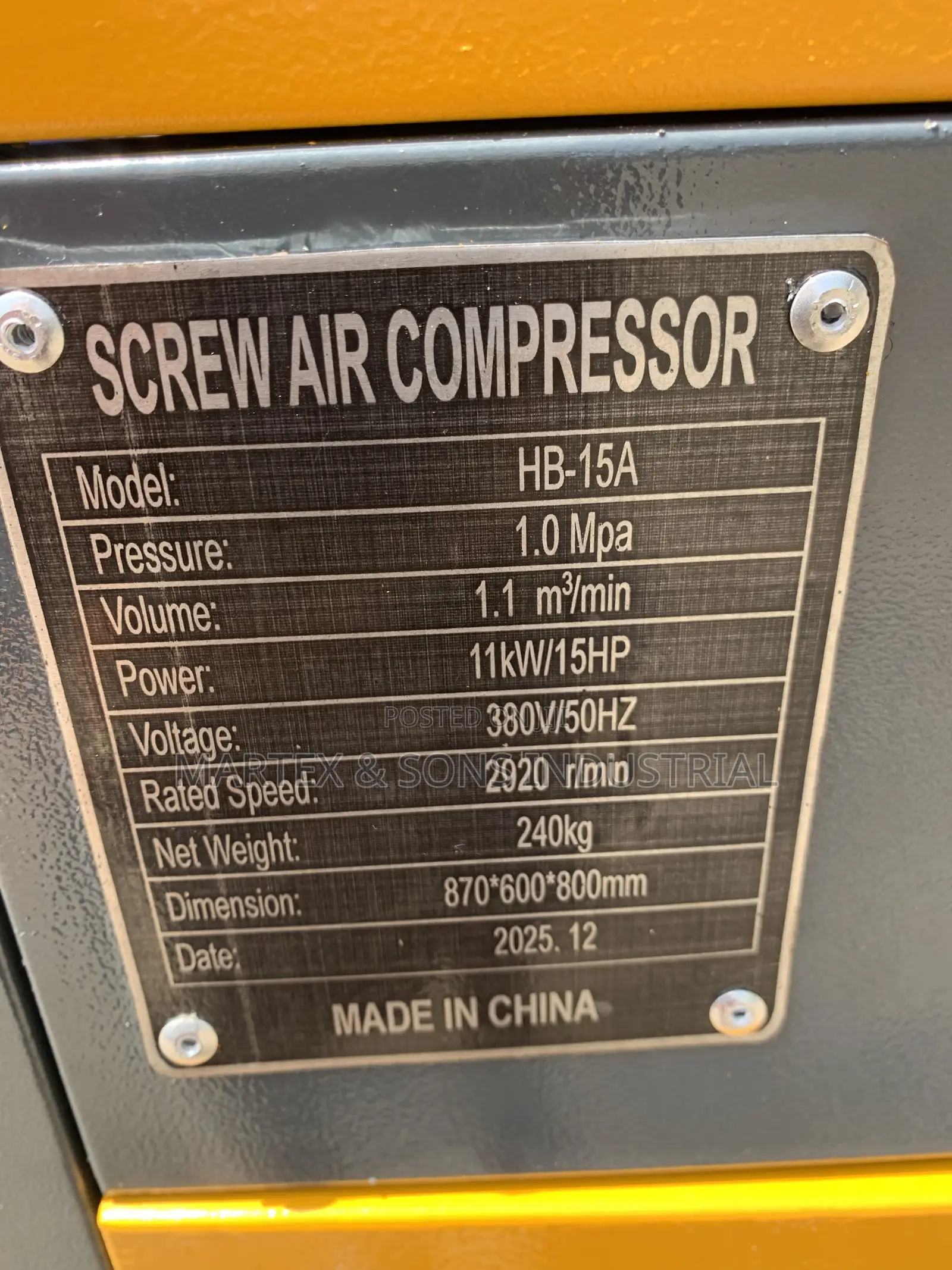 10bar 11kw 15hp Screw Air Compressor Machine