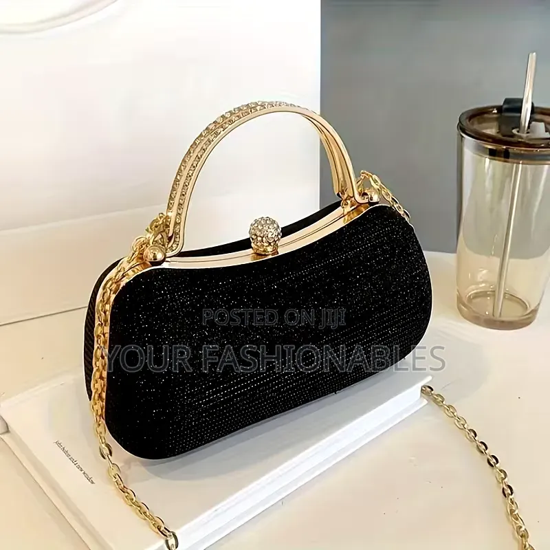 Black Stone Set Double Handle Clutch Purse