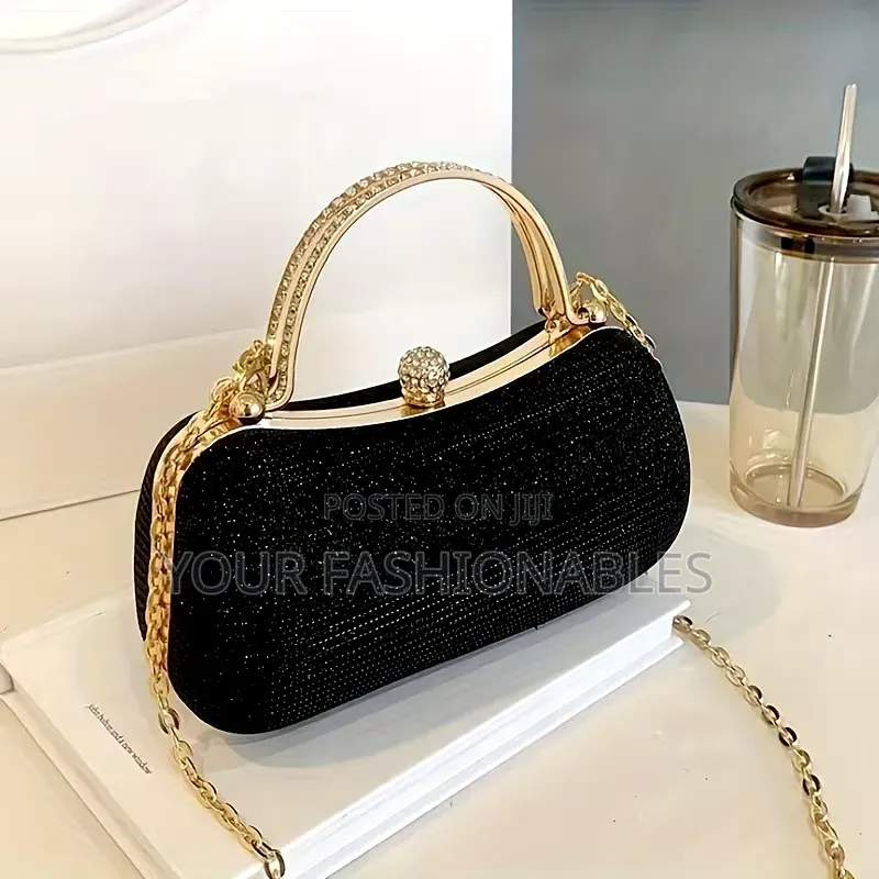 Black Stone Set Double Handle Clutch Purse