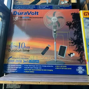 DuraVolt 18-Inch Lithium Rechargeable Solar Standing Fan.