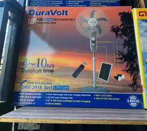 DuraVolt 18-Inch Lithium Rechargeable Solar Standing Fan.