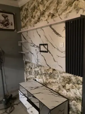 White Marble HDF Floating TV Console Wall Unit With Black Flute Panel