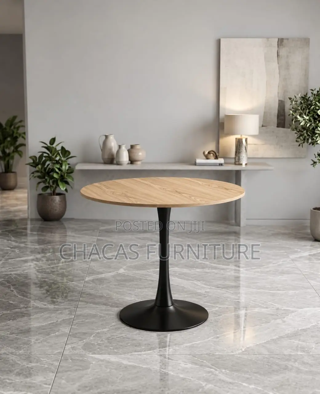 Modern Round Wooden Tulip Dining Table With Black Tulip Base