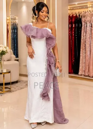 Elegant White and Mauve Ruffle Evening Gown
