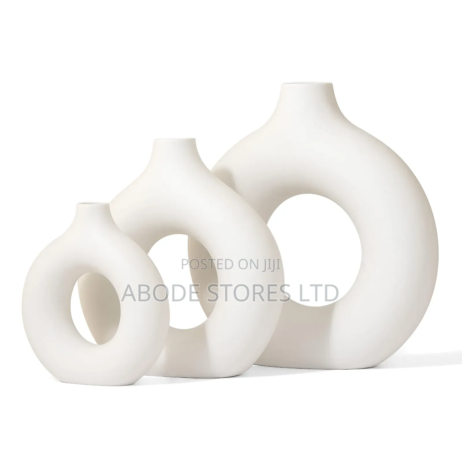 3 PC Set Plastic Donut Vase With Hollow Centre. White