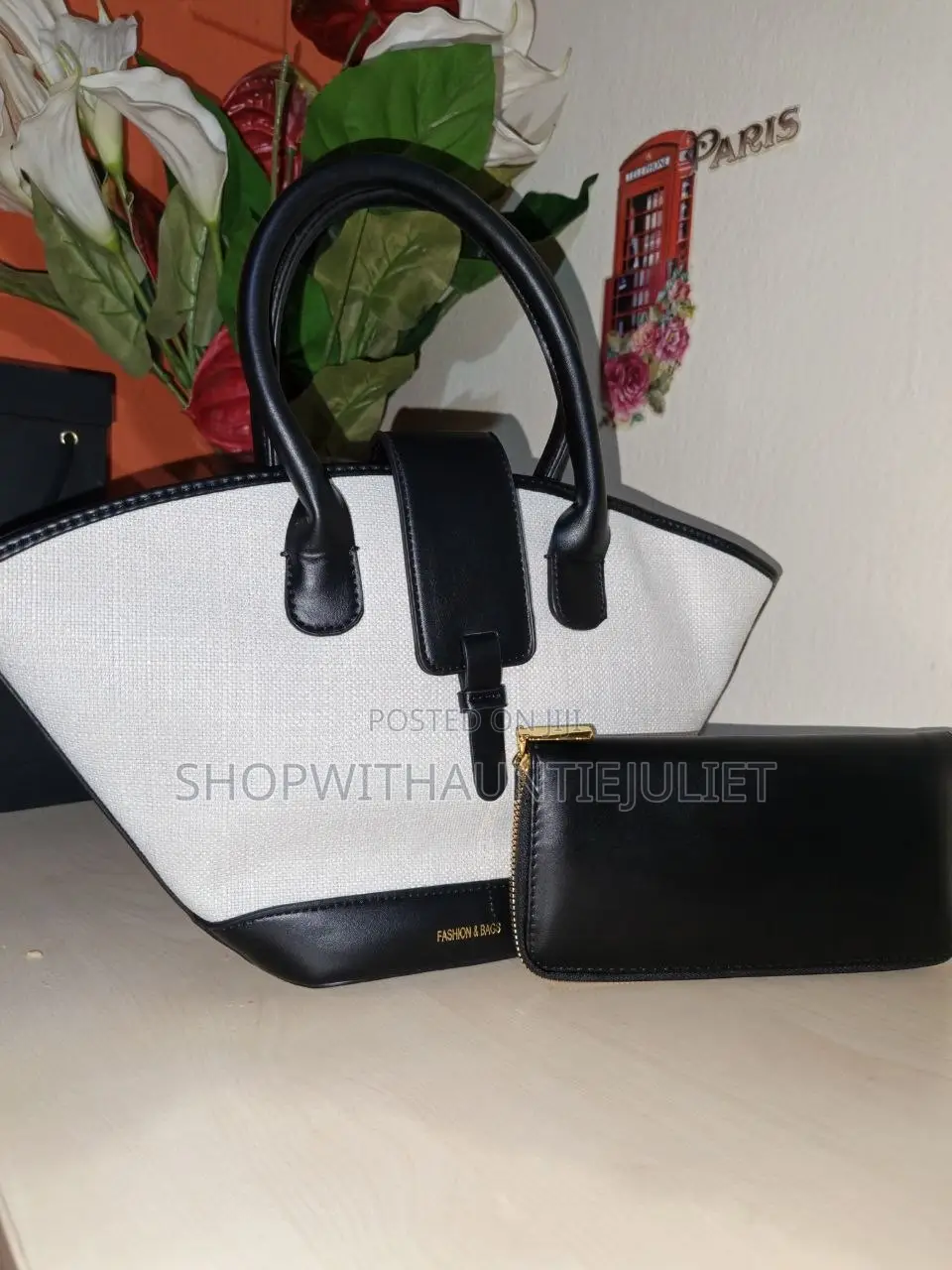Cream & Black Tote Handbag Set