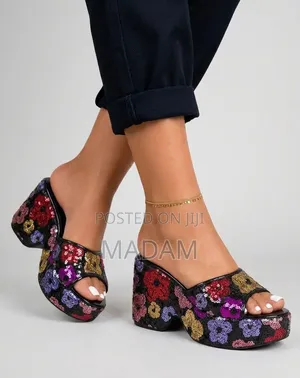 Brand New Elegant Women’s Sequined Floral Platform Mules / Heels
