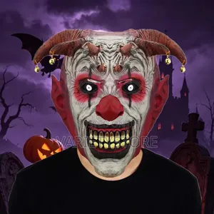 Halloween Horror Clown Mask With Devil Horns & Bells