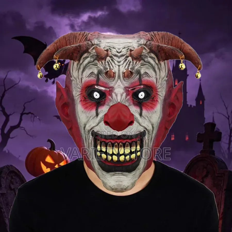 Halloween Horror Clown Mask With Devil Horns & Bells