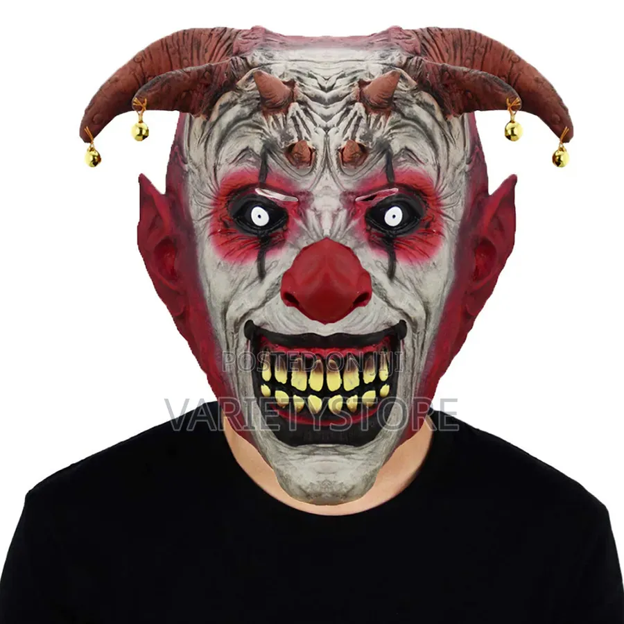Halloween Horror Clown Mask With Devil Horns & Bells