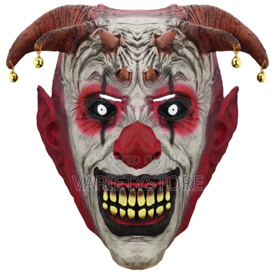 Halloween Horror Clown Mask With Devil Horns & Bells