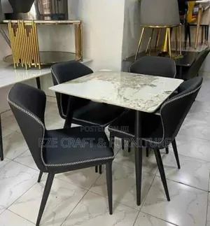 Square Shape 4 Seaters Sleek Set of Marble Dining