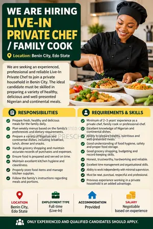 Experienced Live-in Family Cook / Chef – Amagba, Benin City